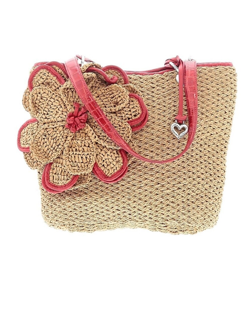 Brighton Raffia Straw Tote Bag 3D Red Floral Appliqué Coastal Boho‎ Resort Purse